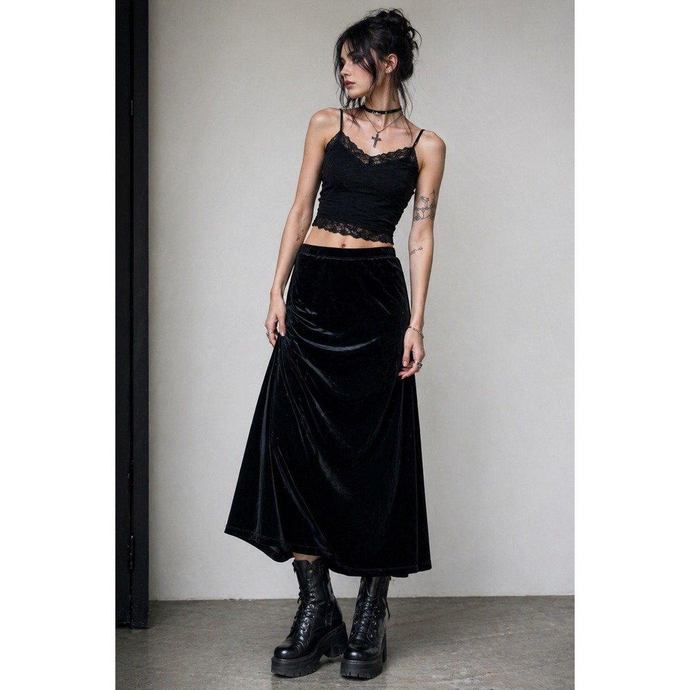 White Stag Velvet Skirt Large Black Midi A-Line Pull-On NWT Soft Stretch Holiday